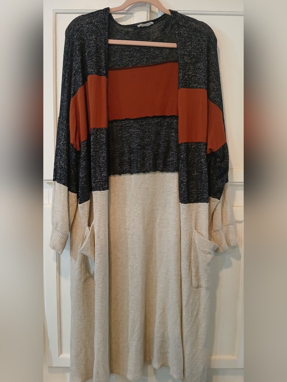 Hummingbird open-front duster cardigan, color block, pockets, Size L